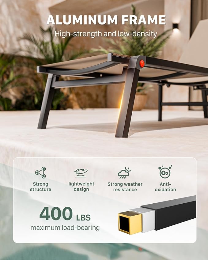 WOAJNQO Aluminum Patio Chaise Lounge Chair Set of 2 with Side Table,5-Position Adjustable Backrest,Foldable Lounge Chair Outdoor,Pool Lounge Chairs for Poolside,Lawn,Deck,Beach (Khaki, 2 Pack+Table)