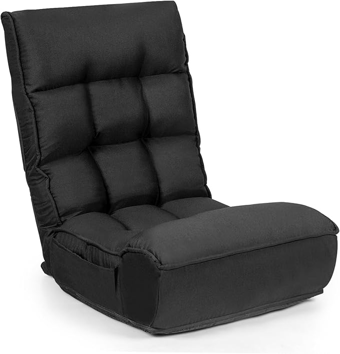 KOMFOTT Folding Floor Chair for Adults, Floor Gaming Chair with 5-Position Adjustable Headrest & 4-Position Adjustable Backrest, Side Pocket, Floor Seating Lazy Sofa for Reading, Meditating, Black