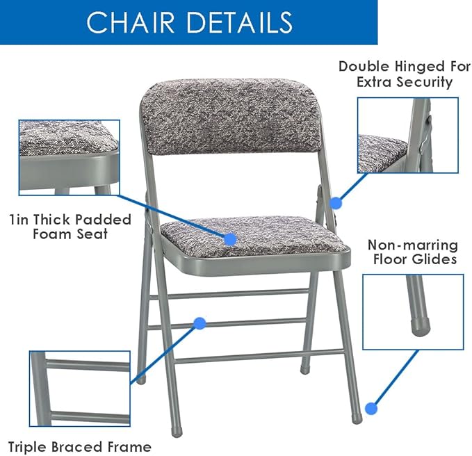 EZONE (2pcs Fabric Folding Chairs with Padded Cushion Backrest Metal Steel Foldable Chair Portable Lightweight Foam Padded Fold Chair (2, Fabric - White)
