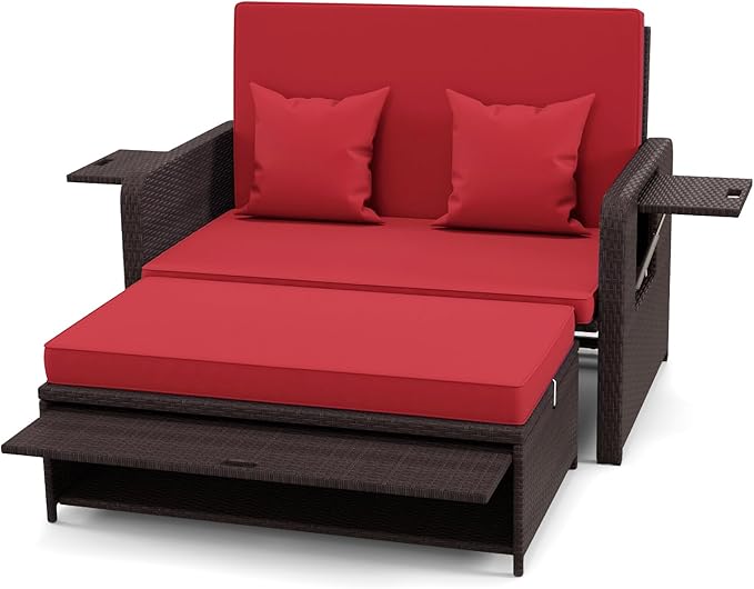 RELAX4LIFE Wicker Patio Outdoor Daybed - Rattan Day Bed Lounger with Loveseat & Storage Ottoman, Sunbed Sofa Set w/Cushions, 4-Level Adjustable Backrest & 2 Retractable Trays, Patio Daybed (Red)