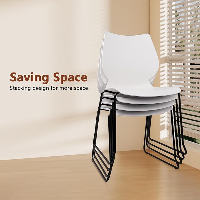 Stacking Chairs Set of 8, Stackable Waiting Room Chairs, Conference Chair with Back & Church Chairs No Wheels with Metal Legs, Suitable for Offices Conference Training Waiting Room, White
