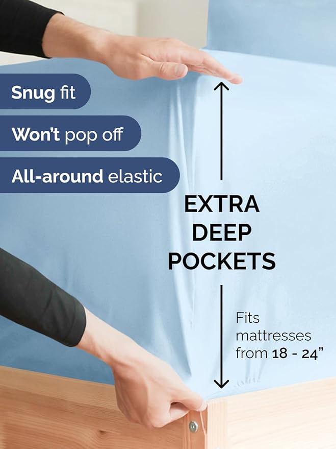 Extra Deep Pocket King Sheets - 4 Piece Breathable & Cooling Bed Sheets - Hotel Luxury Bed Sheet Set - Soft, Wrinkle Free & Comfy - Easily Fits Extra Deep Mattresses - Deep Pocket Light Blue Sheets