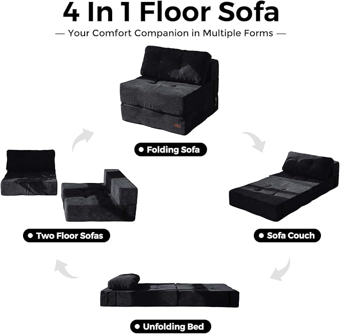 MAXYOYO Folding Sofa Bed, Convertible Sofa Bed with High-Density Support Foam, Portable 4 in 1 Fold Out Chair to Floor Lounger, Versatile Floor Couch for Living Room Bedroom, Black