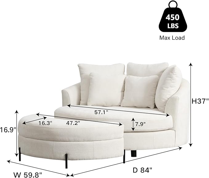 Chifee & Vingol 59.8" W Oversized Accent Barrel Chair Large Round Chair with Ottoman & Movable Wheels,Beige