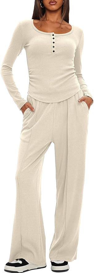Darong Womens 2 Piece Matching Lounge Sets 2026 Long Sleeve Henley Shirts Wide Leg Pants Airport Travel Outfits
