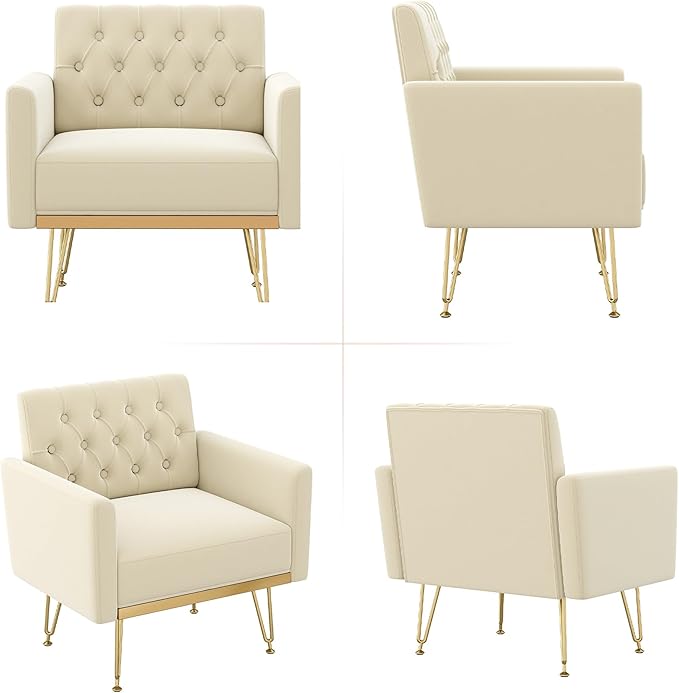 Accent Chair for Living Room, Comfy Oversized Velvet Upholstered Arm Chairs, Mid Century Modern Reading Single Sofa Side Chair with Tufted Back and Gold Legs for Bedroom (1, Beige)