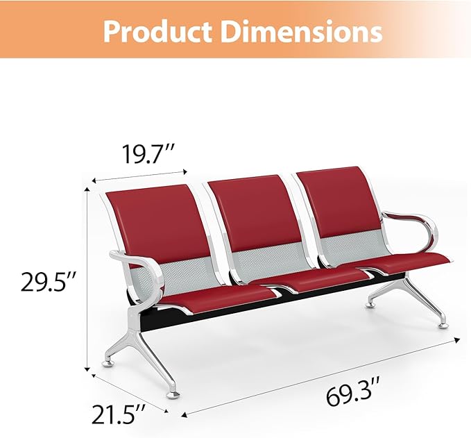 Kinfant 3-Seat PU Leather Waiting Room Bench – Red Reception Chair for Office, Hospital, Bank, Salon, Airport