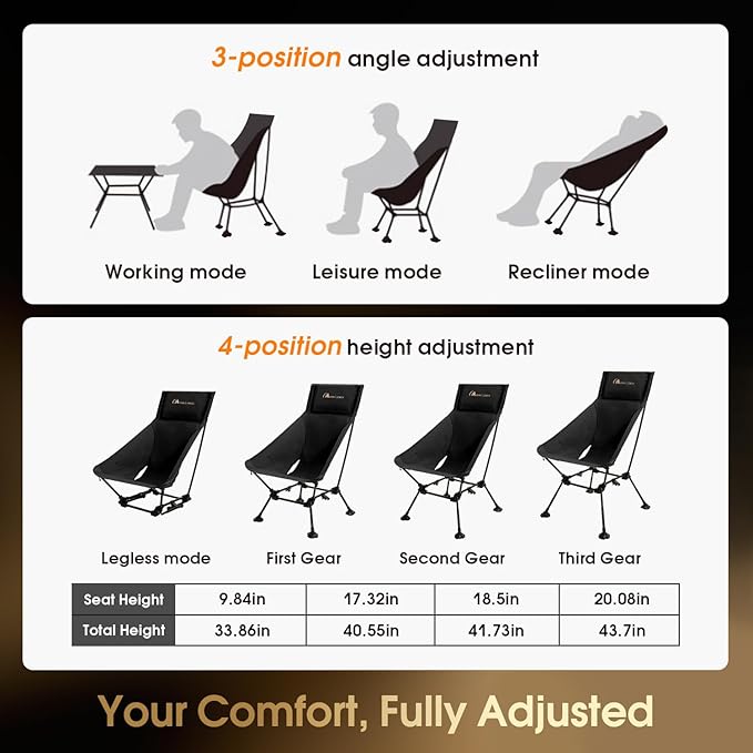 MOON LENCE Oversized High Back Camping Chair for Adults, Height Adjustable Folding Camping Chair with 400 lbs Capacity, Hidden Pillow Pocket and Wide Seat for Camping, Hiking, Picnics, Black