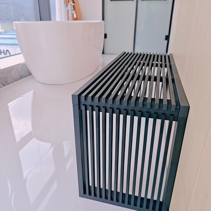 Berkvee Versatile Wooden Slatted Bench - Sleek Modern Design for Dining, Entryway, Bedroom - Indoor Use with Storage Capability for Home, Kitchen, Bathroom & Beyond (Black)