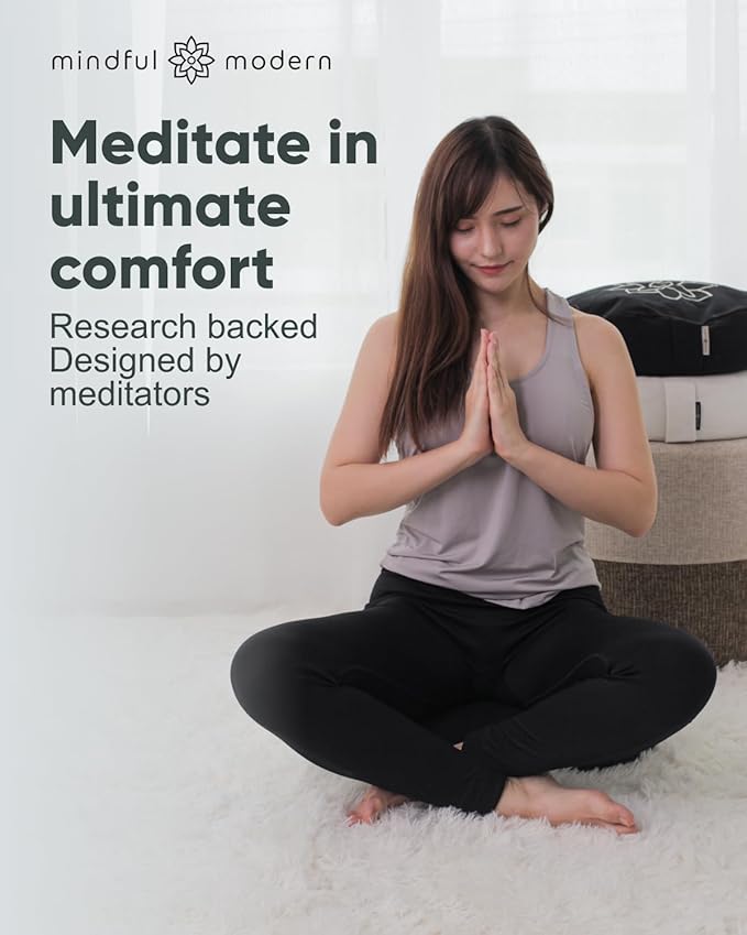 Mindful Modern Large Meditation Cushion for Zafu Yoga - Meditation Pillow for Sitting on The Floor - Buckwheat Hull Filled Yoga Cushion with Removable, Washable 100% Cotton Cover and Carry Handle