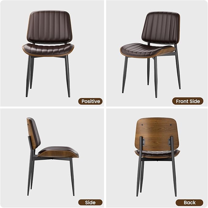 YaFiti Dining Chairs Set of 4, Mid Century Modern Dining Room Kitchen Chairs, Upholstered PU Leather Vertical Stripe Chairs for Vanity with Walnut Bentwood and Metal Legs, Brown