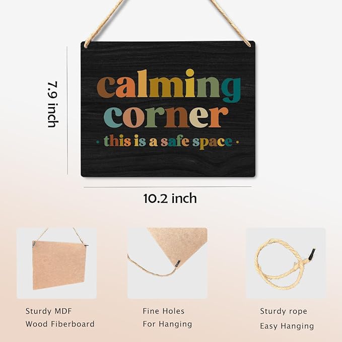 Calming Corner Hanging Wood Sign Plaque - Safe Space, Classroom Decor, School Counselor Office, Calm Down Corner Decorations - Boho Style (Black), 10x8