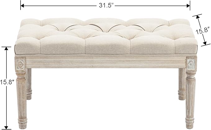 DM Furniture Upholstered Fabric Entryway Bench, Tufted Piano Bench for 2 People, Rubber Wood Legs with Beautiful Carved Pattern for Bedroom/Living Room/Dining Room (Beige)
