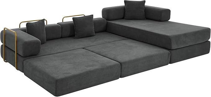 108" Convertible Sleeper Sofa Bed, Corduroy Folding Sofa Bed with Fixed-Shape Frame, Fold Out Floor Mattress Couch, Lazy Compression Sofas for Living Room, Bedroom, No Assembly Required,Grey