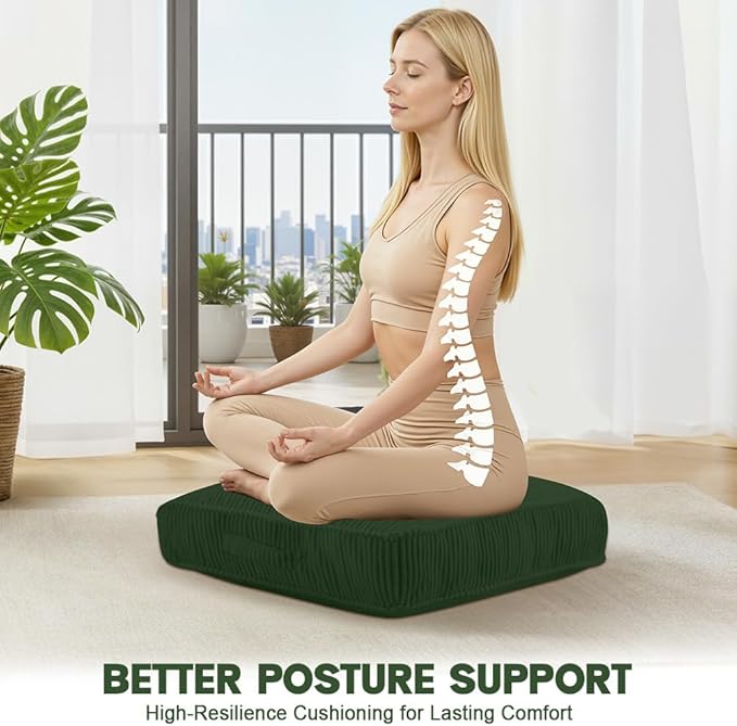 PRIMEPATIO Floor Pillow for Adults, 4" Square Floor Cushions with Washable Cover, Large Corduroy Meditation Pillow, 22 inches Tatami Seat with Handle for Living Room or Yoga, Green