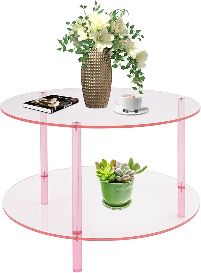 Xuthusman Modern Coffee Table，Acrylic Coffee Table 2-Tier Center Desk with Storage Minimalist Accent Desk Stylish Nightstand for Living Room Sofa Dorm Office（Pink）