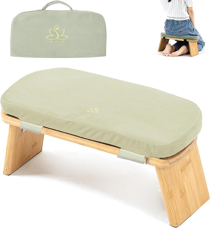 Estleys Meditation Bench, Bamboo Meditation Stool, Folding Kneeling Meditation Bench, Seiza Prayer Bench, Prayer Bench with Meditation Cushion, Kneeling Stool (Beige & Bag)
