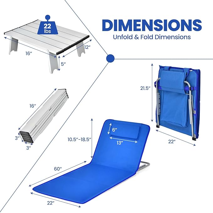 Nightcore 3-Piece Beach Chairs Set for Adults, Adjustable Lawn Chair with Side Table for Outdoor Relaxing & Sun Tanning, Portable & Folding Recline Chaise Lounge for Beach, Patio, Camping (Blue)