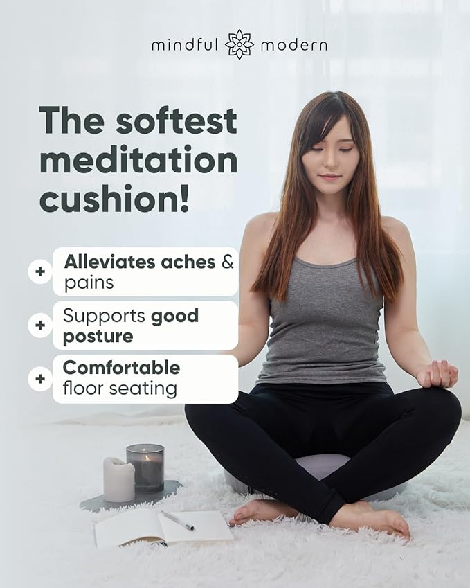 Mindful & Modern Large Meditation Cushion | Zafu Yoga Bolster Meditation Floor Pillow Seat | Buckwheat Hull Filled Crescent Shaped Cushion with Removable Washable Cover + Carry Handle | Grey