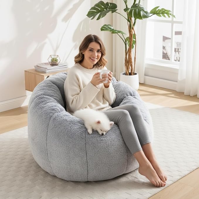 LukeAlon Faux Fur Bean Bag Chair with Filler & Petal Armrest Fluffy Floor Sofa Chair for Adults, 44"×44"×26" Cozy Seating for Bedroom, Living Room, Game Room (Grey)