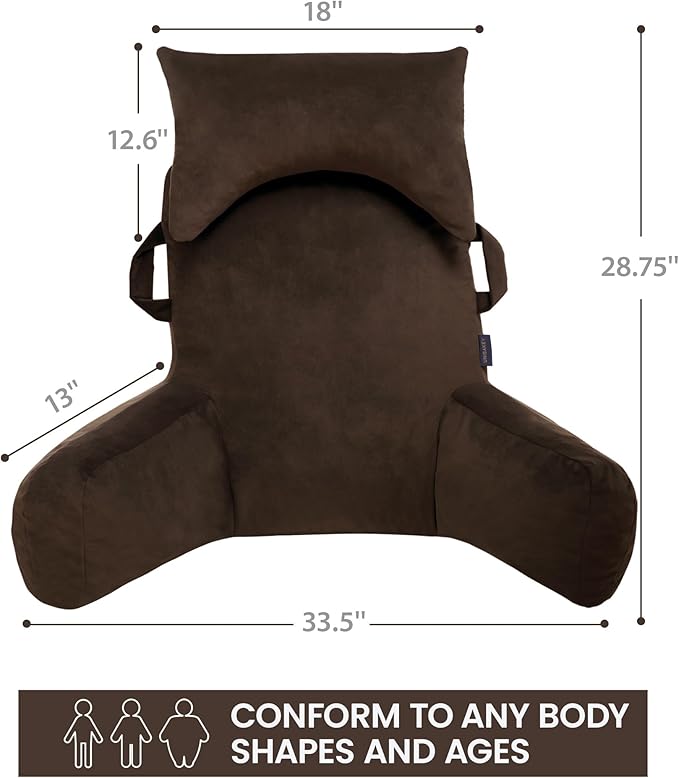 Unisakey Portable Reading Pillows with Headrest for Bed Sitting Up(Brown Oeko-Tex), Velvet Back Pillow with Arms & Pockets for Adults, Support Memory Foam Bed Pillow for Dorm/Reading/Watching/Gaming