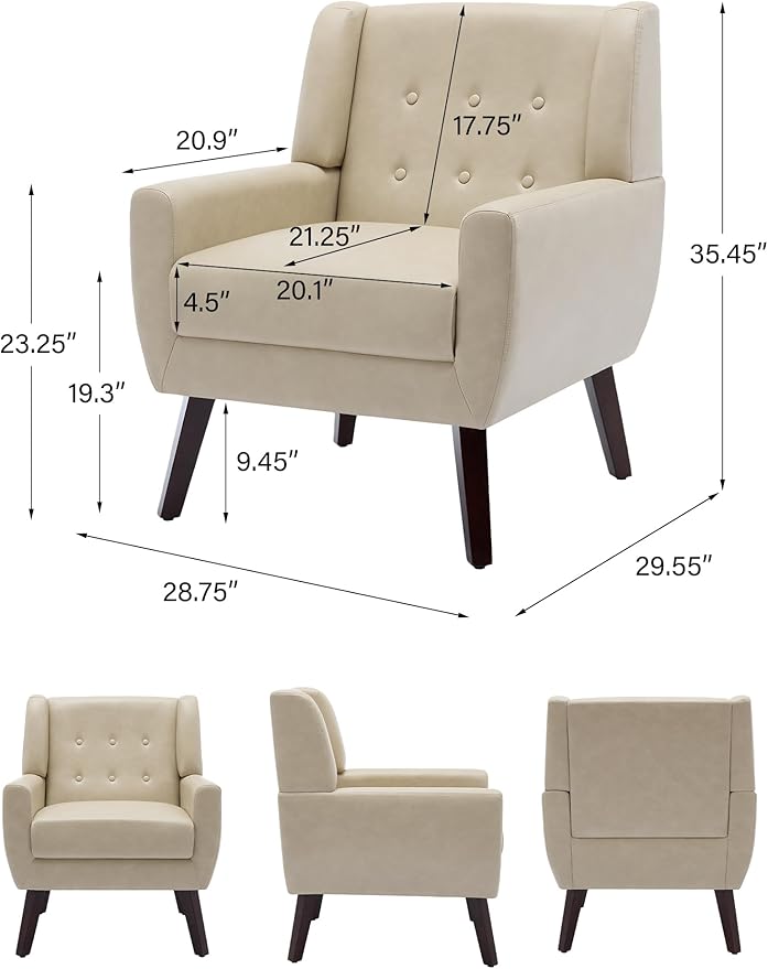 DREAMSIDEA Accent Chair, Mid-Century Modern PU Leather Chairs with Arms for Living Room, Comfy Upholstered Club Single Sofa Armchair