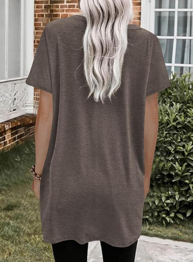 Poetsky Summer Womens Tunic Tops for Leggings with Pockets Short Sleeve Casual Long T Shirts S-3XL