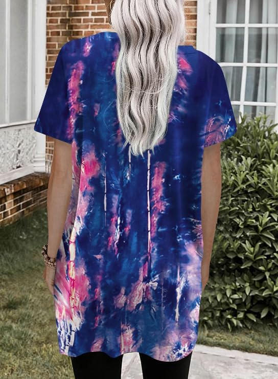 Poetsky Summer Womens Tunic Tops for Leggings with Pockets Short Sleeve Casual Long T Shirts S-3XL