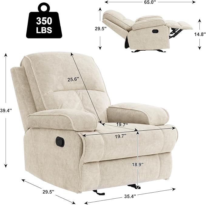 KeyEnergy Manual Rocker Recliner Chair for Adults, High Back Glider with Deep Seat, Upholstered Fabric Armchair for Living Room & Nursery, Beige