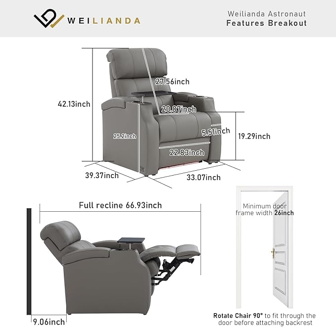 Weilianda Home Theater Seating, Top Grain Leather Sectional Seats Recliner Chair, Zero Gravity Reclining Sofa with Power Headrest 7 Colors Ambient Lighting USB C Charge Row of 1 Grey