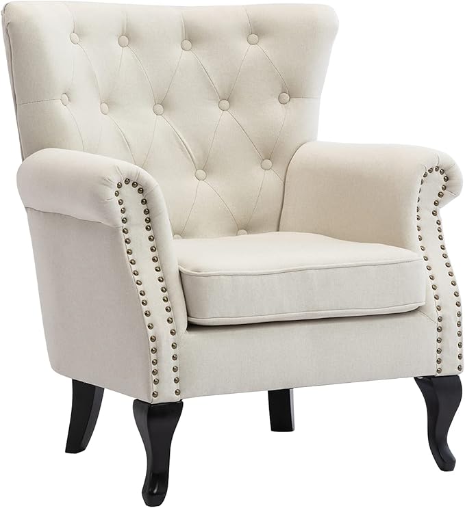 DM Furniture Set of 2 Mid-Century Modern Accent Chair, Linen Fabric Armchair w/Tufted Back/Wood Legs, Upholstered Lounge Arm Chair Single Sofa for Living Room Bedroom, Beige