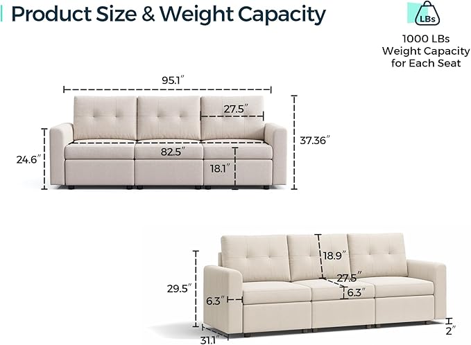 LINSY HOME Modular Sectional Sofa Oversized, Removable Cover Living Room Couches with Storage Deep Seat & Ottoman Chaise L/U Shaped Sofa Modern Couch (Grey, 3 Seats)
