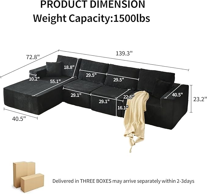 139" Boneless Cloud Sectional Couch for Living Room, Compressed Modular L-Shaped Sofa with Deep Seat, Frameless Corduroy Couch in Boxes, No Assembly Required 4-Seater (Left-Facing Chaise, Black)