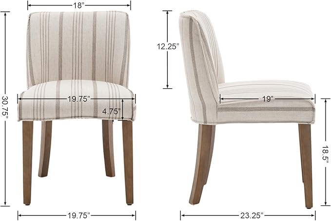 chairus Farmhouse Dining Chairs Set of 4, Upholstered Comfy Dining Room Chairs Linen Fabric Walnut Brown Wood Kitchen Chairs for Dining Table, Living Room, Kitchen, Khaki Stripe