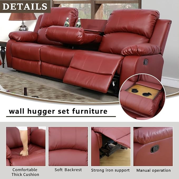 AYCP Bonded Leather Living Room Furniture Set Reclining Sofa Set Loveseat Furniture Sets in Living Room Sofa Recliners (Sofa, Red)