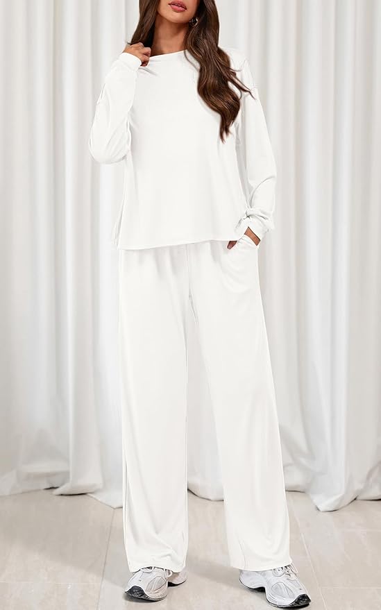 PRETTYGARDEN Womens 2 Pieces Lounge Sets Crewneck Long Sleeve Wide Leg Drawstring Pants Tracksuits Loose Fit Outfits Set