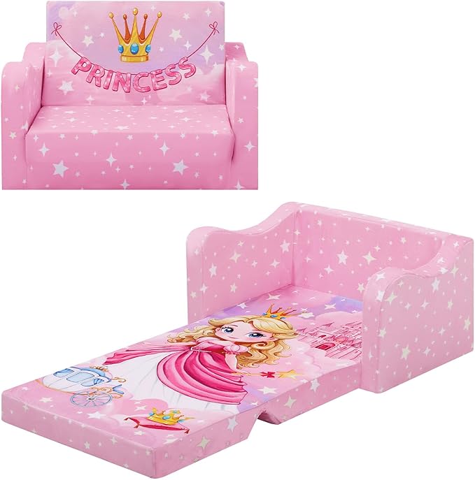 alldomess Comfy Kids Couch, 2-in-1 Folding Kids Sofa Bed for Toddler Girls, Convertible Sofa to Lounger Toddler Couch Chair for Baby Bedroom Playroom Nursery,Princess