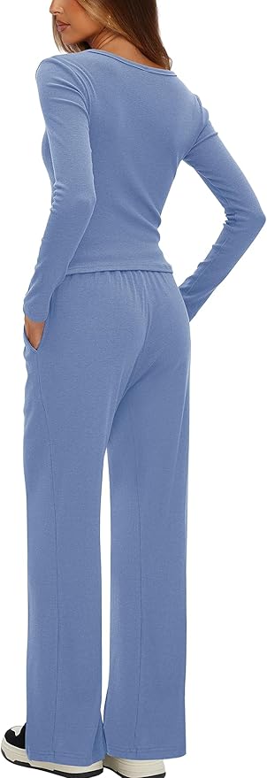 Darong Womens 2 Piece Matching Lounge Sets 2026 Long Sleeve Henley Shirts Wide Leg Pants Airport Travel Outfits