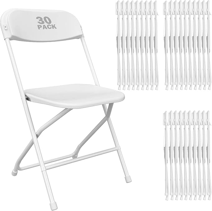 30 Pack White Plastic Folding Chair, Indoor Outdoor Portable Stackable Commercial Seat with Steel Frame 350lb. Capacity for Events Office Wedding Party Picnic Kitchen Dining