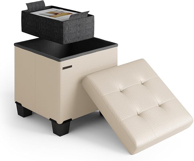 Storage Ottoman Cube with Small Bin, 16-in Square Ottoman with Storage for Living Room and Bedroom, Small Ottomans Foot Rest, Faux Leather Foot Stools Ottomans Max 330lbs, Beige