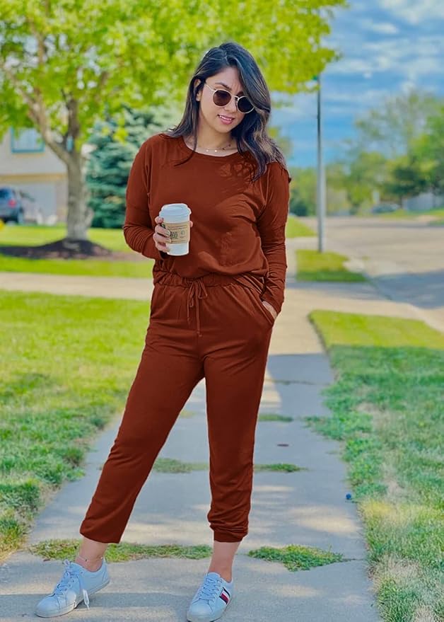 PRETTYGARDEN Women Fall 2 Piece Lounge Outfit Long Sleeve Tops High Waisted Jogger Pants Set Spring Travel Clothes Tracksuit
