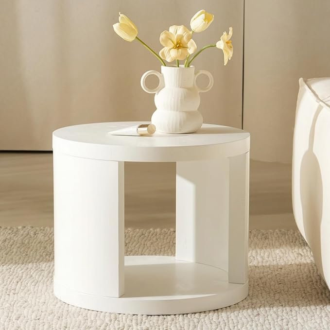 FAME HOME Round Nesting Coffee Table Set of 2,31.5" Large & 18" Small Low Tables with Wood Look Top,Space-Saving Side Tables for Living Room,Bedroom,Office,Minimalist Center Table Set (White, L+S)
