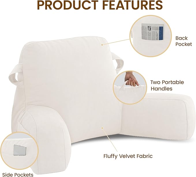 Unisakey Portable Comfy Reading Pillows for Bed Sitting Up(Beige Oeko-Tex), Velvet Back Pillow with Arms & Pockets for Adults, Support Memory Foam Bed Pillow for Dorm/Reading/Watching/Gaming