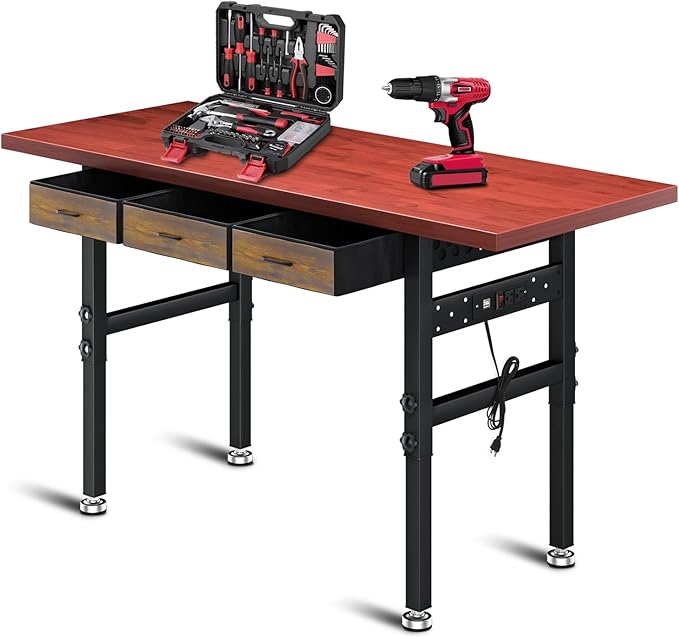 Work Bench, 60" Heavy Duty Workbench, Adjustable Height Work Table with Drawers & Power Strip, 2000LB Capacity, Solid Rubber Wood Garage Workbench, Wood Working Bench, Workshop Desk