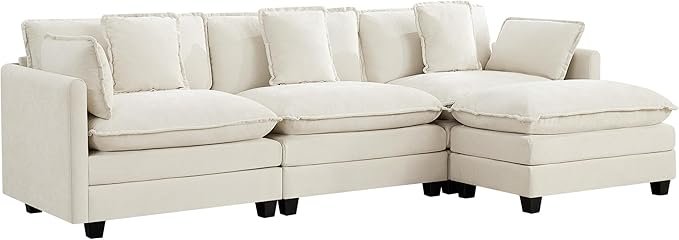 UMBFUN 3-Seater Cloud Couch with Ottoman, Oversized Comfy Modular Sectional L Shaped Sofa with Deep Seats, Chenille Couch for Living Room, Beige