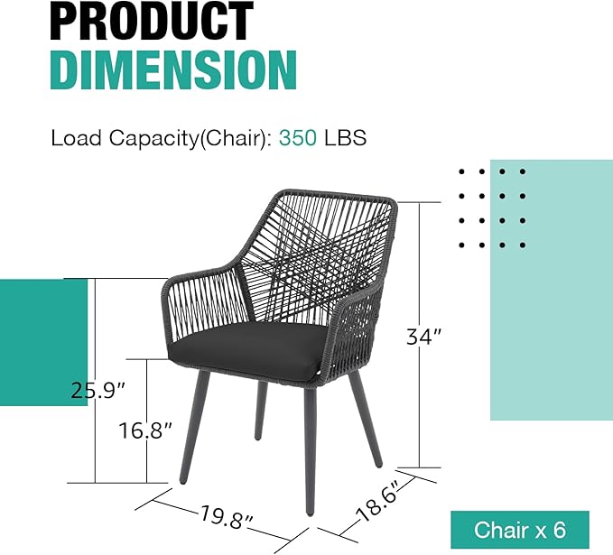 Patiorama Patio Dining Chair Set of 6,Woven Rope Outdoor Dining Chairs w/Steel Frame,All-Weather Twisted Rattan Chairs w/Armrest & Cushion,Outdoor Dining Wicker Chairs for Backyard Garden(Dark Grey)