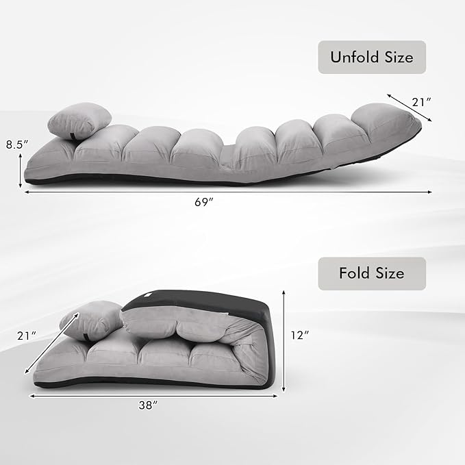 Moccha Floor Chairs for Adults, Adjustable 5-Position Floor Lounger w/Thick Padded & Pillow, No Assembly Folding Lazy Sofa Chair for Gaming, Light Weight Chaise Lounge (Without Armrest, Grey)