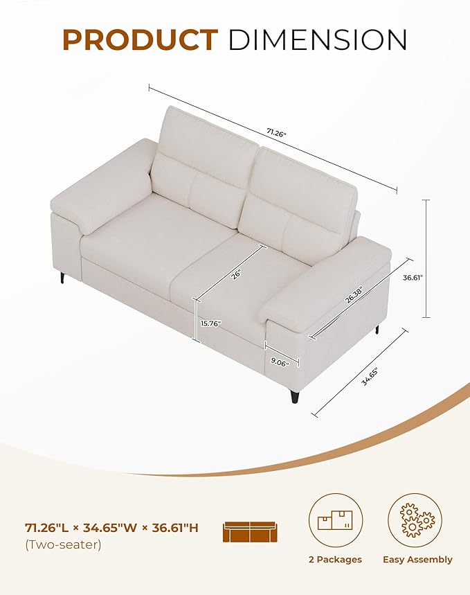 Upvilla 71.25" Modern Sofa Couch for Living Room, Deep Seat Sofas with 8”Cushion, Comfy 2-Seater Chenille Loveseat with Convertible Armrest, Removable Sofa Cover, High Leg (Beige)