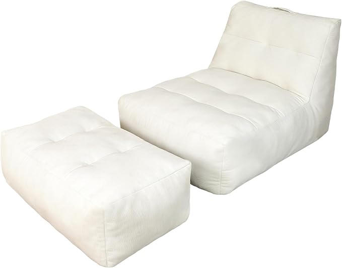 Bean Bag Chair with Ottoman, Giant Bean Bag Chairs for Adults with Memory Foam, Comfy Bean Bag Sofa for Bedroom, Lounge Beanbag of Reading and Gaming with Filler Included (Beige White)