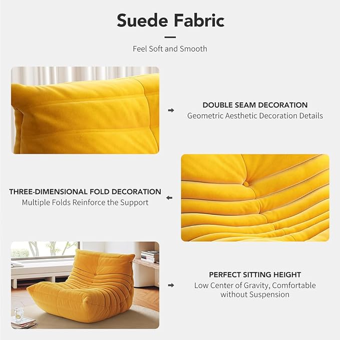 High-end Bean Bag Chair, Fireside Togo Chair with Yellow Suede Fabric Cover, Comfy & Soft Lazy Floor Lounge Sofa for Bedroom, Living Room, Office or Lounger
